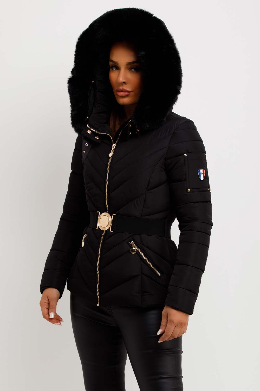 Belted Puffer Jacket with Faux Fur Hood in Black