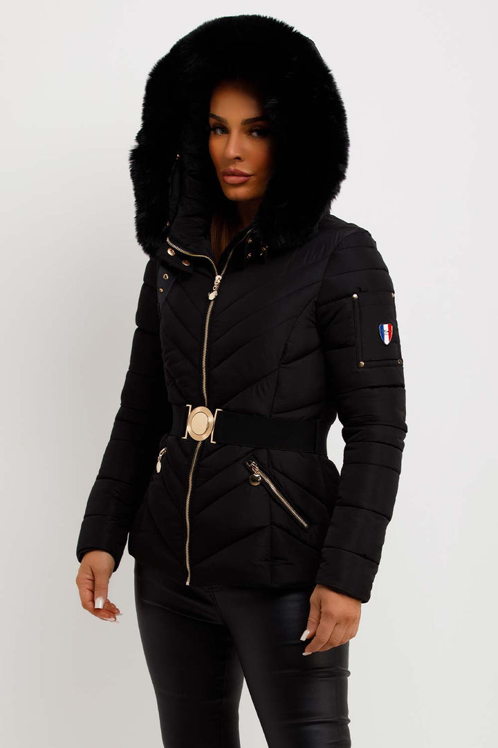 Belted Puffer Jacket with Faux Fur Hood in Black