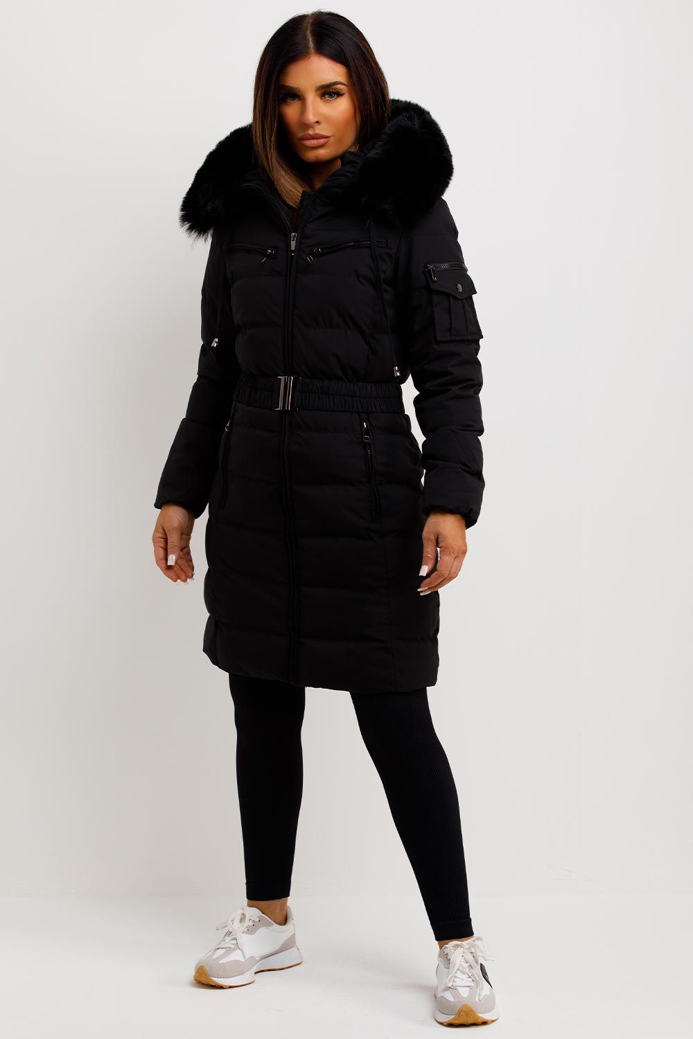 Longline Belted Puffer Coat with Faux Fur Hood