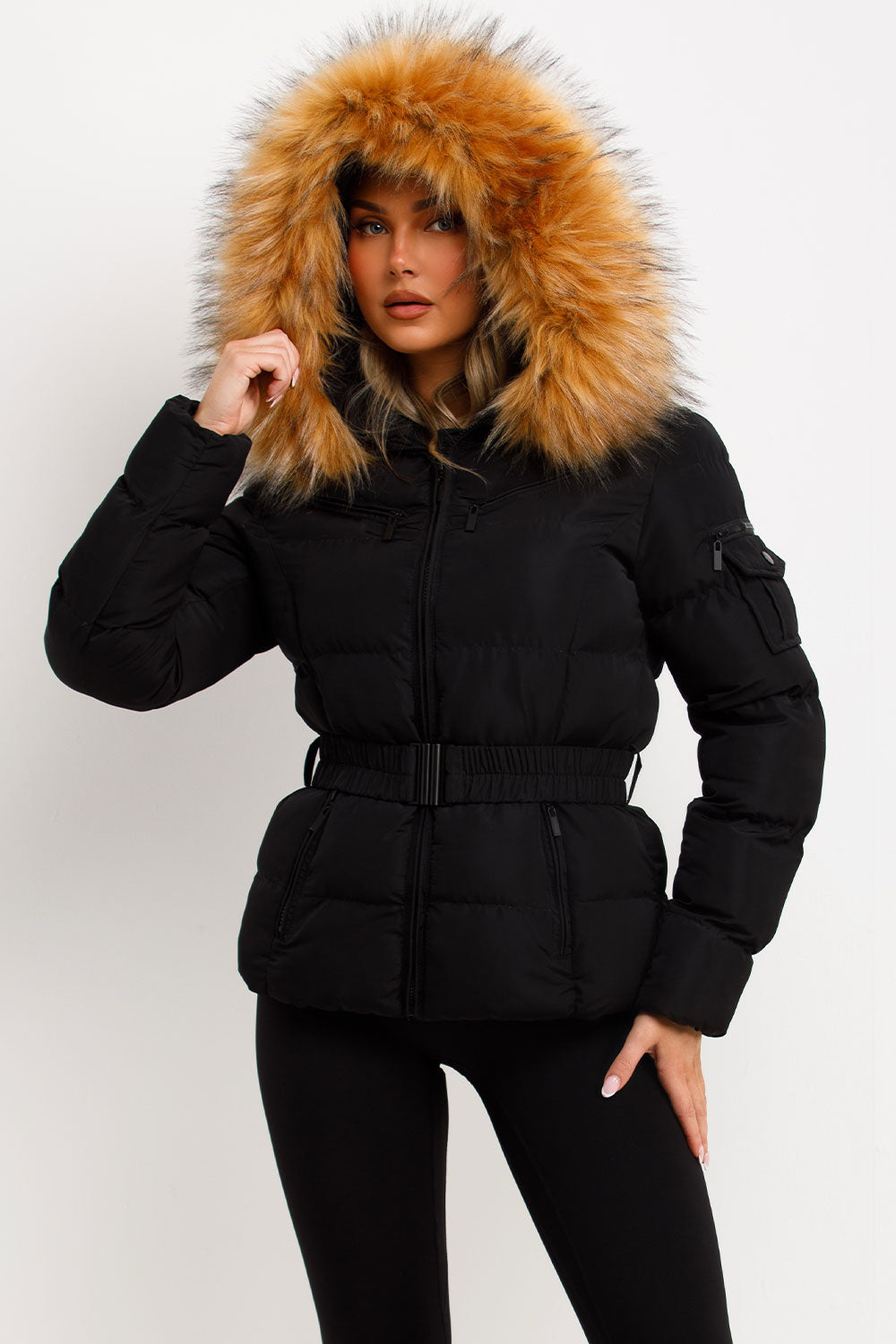 Belted Puffer Jacket with Faux Fur Hood