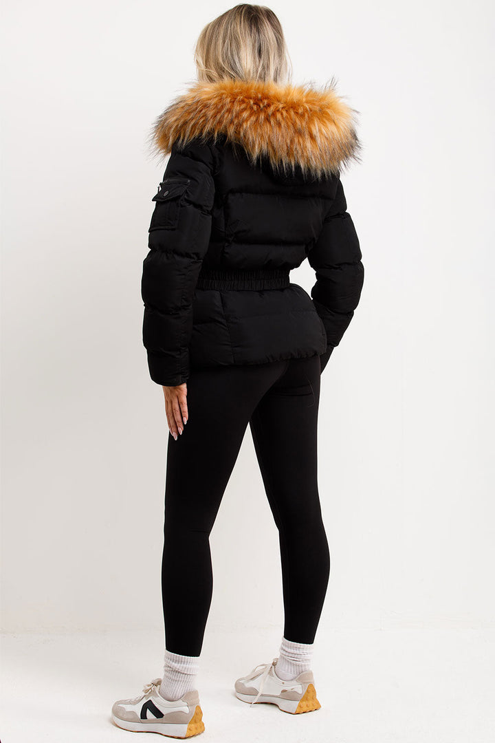 Belted Puffer Jacket with Faux Fur Hood