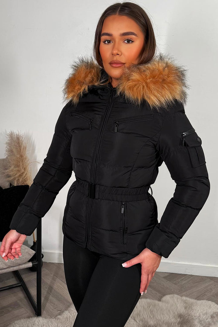 Belted Puffer Jacket with Faux Fur Hood