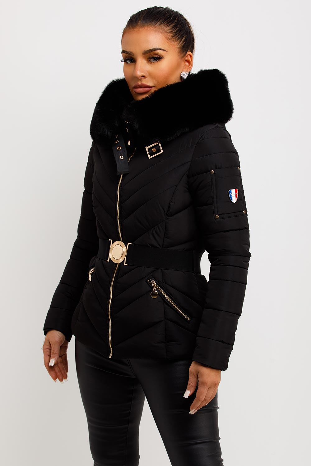 Belted Puffer Jacket with Faux Fur Hood in Black