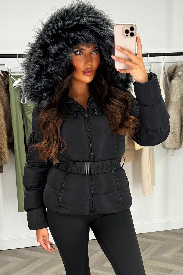 Faux Fur Hooded Belted Puffer Coat