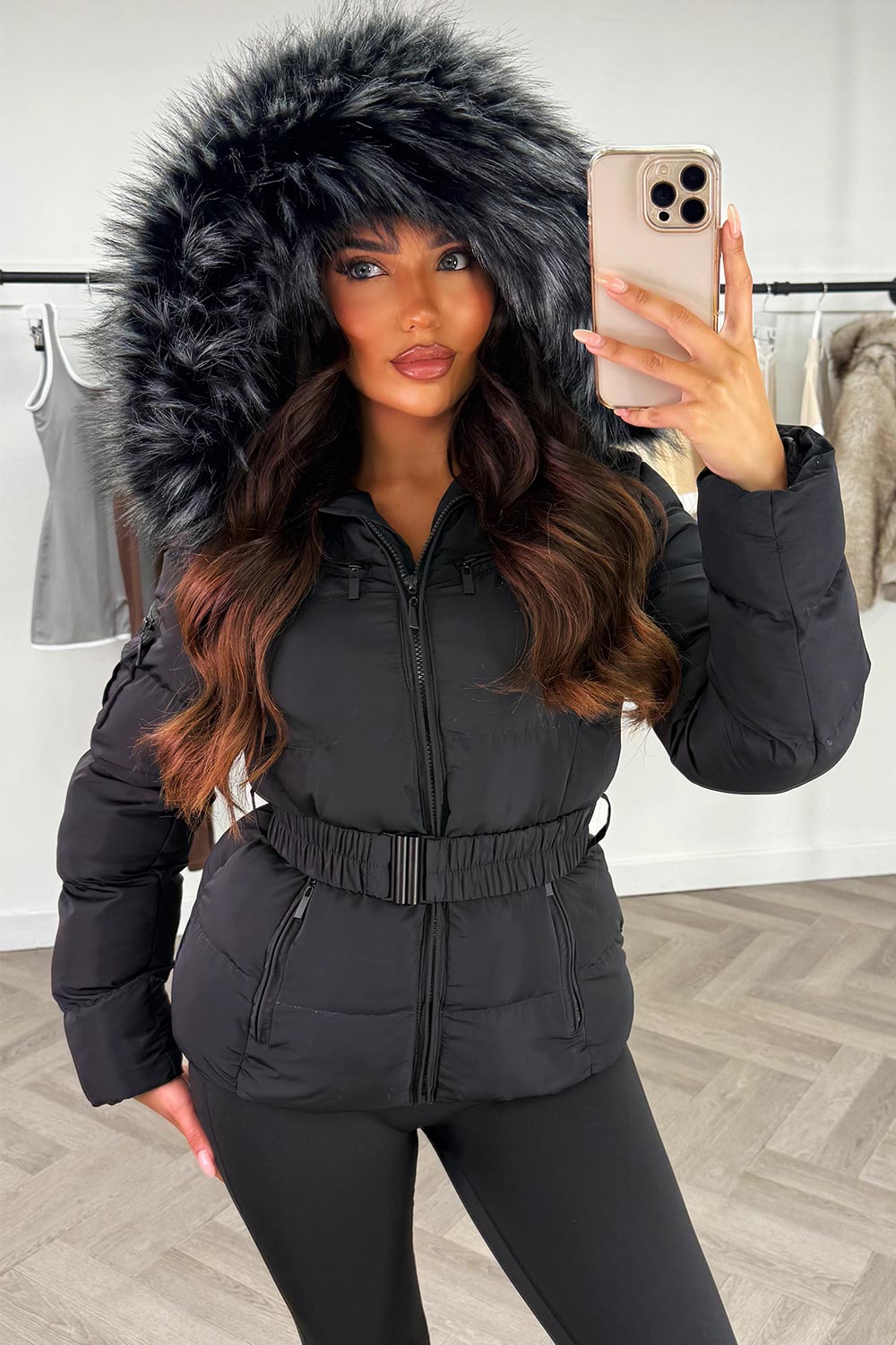 Faux Fur Hooded Belted Puffer Coat