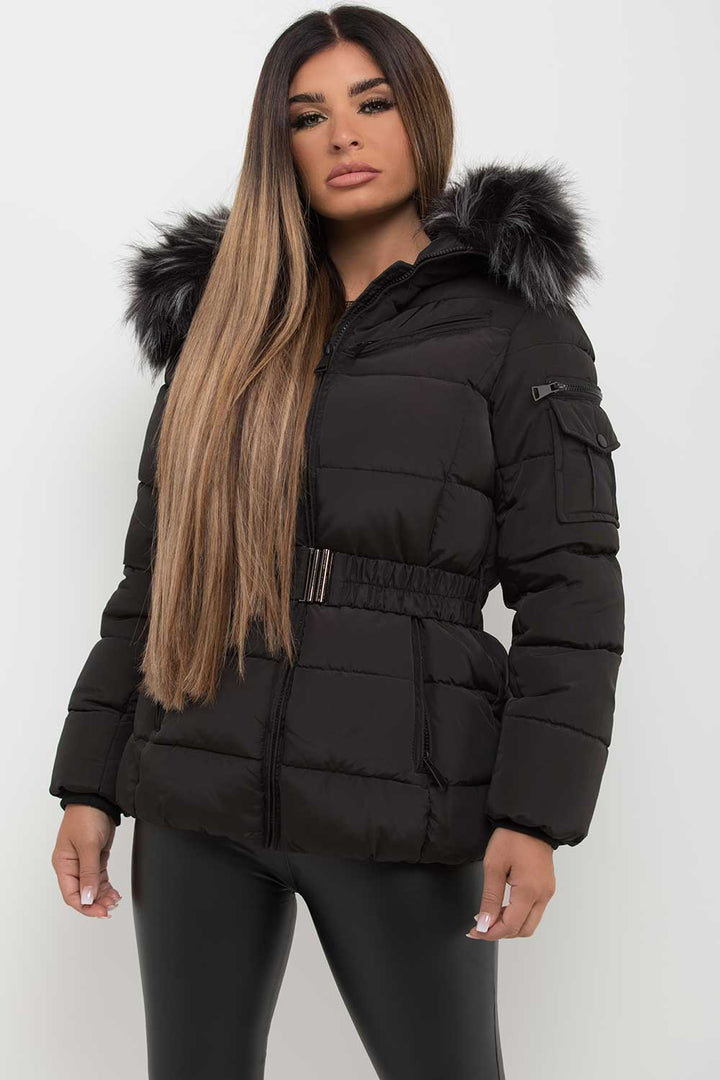 Faux Fur Hooded Belted Puffer Coat