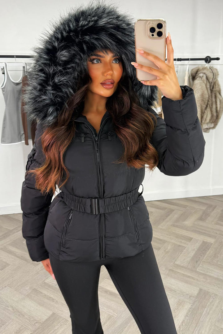 Faux Fur Hooded Belted Puffer Coat