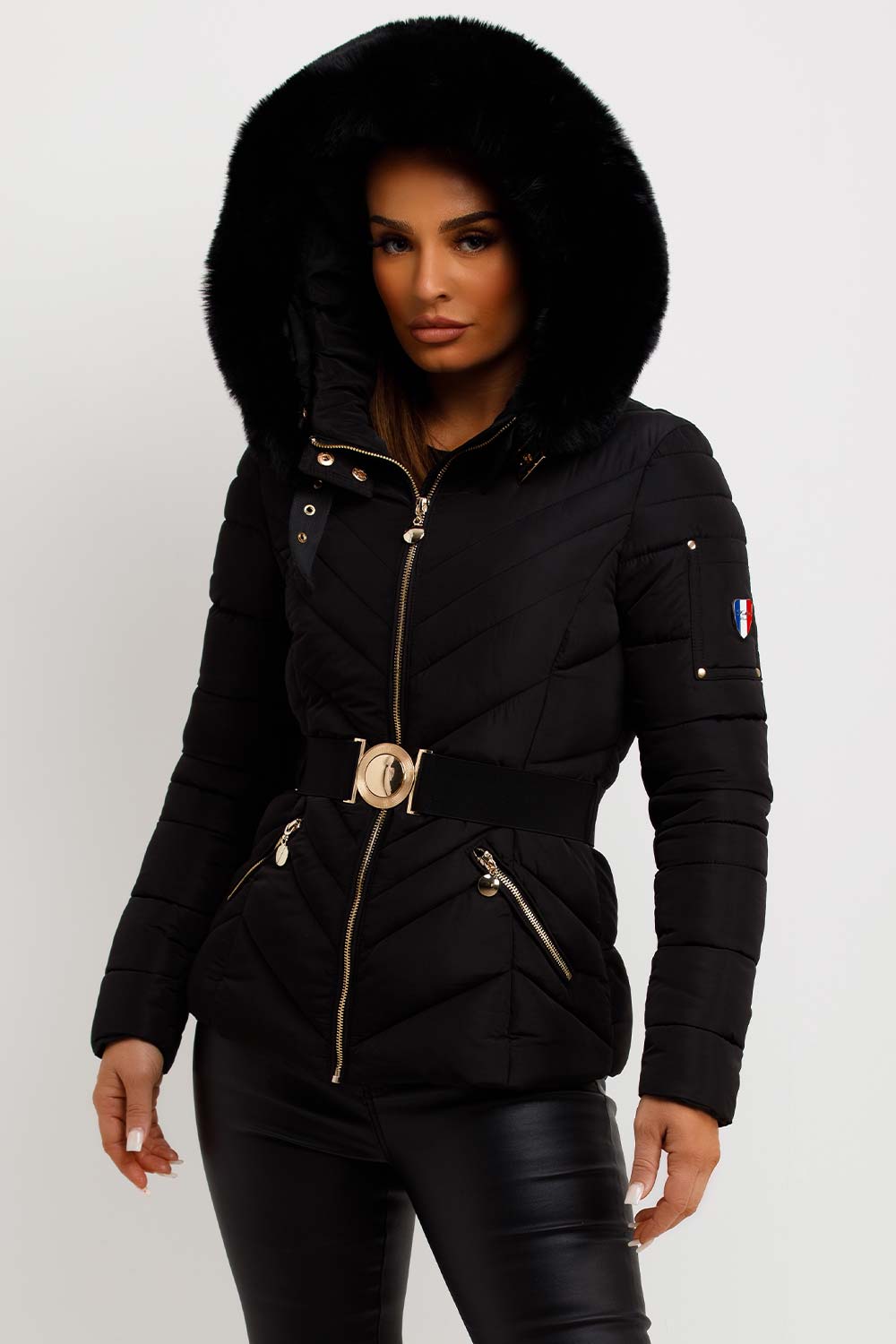 Belted Puffer Jacket with Faux Fur Hood in Black
