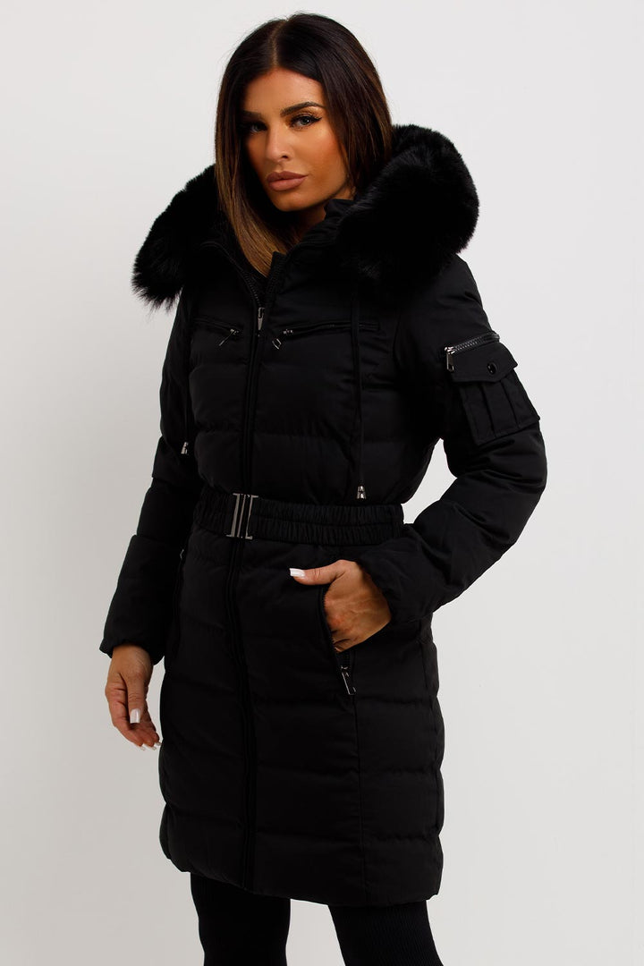 Longline Belted Puffer Coat with Faux Fur Hood