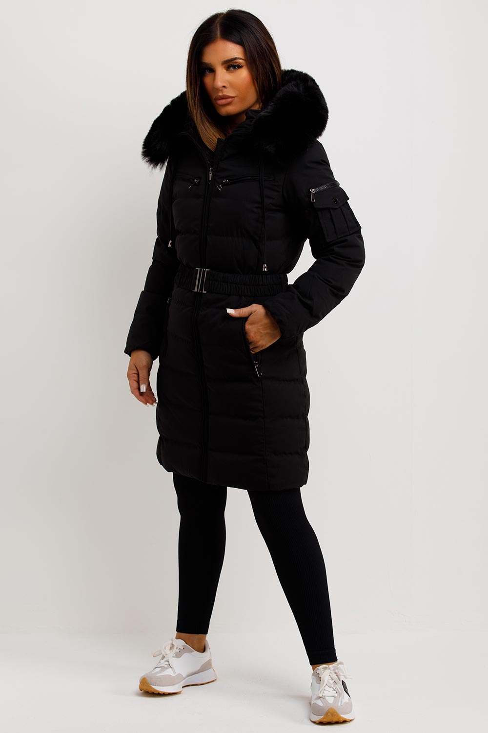 Longline Belted Puffer Coat with Faux Fur Hood