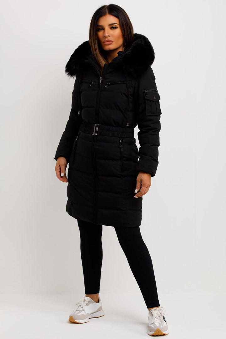 Longline Belted Puffer Coat with Faux Fur Hood