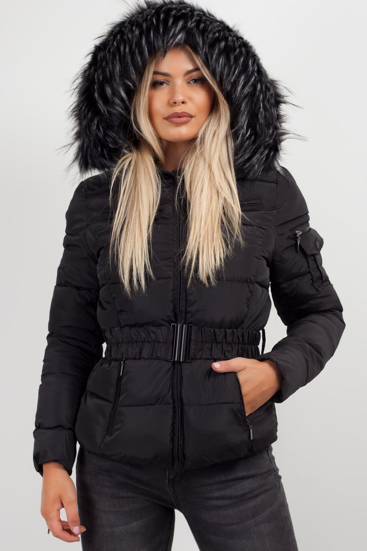 Faux Fur Hooded Belted Puffer Coat