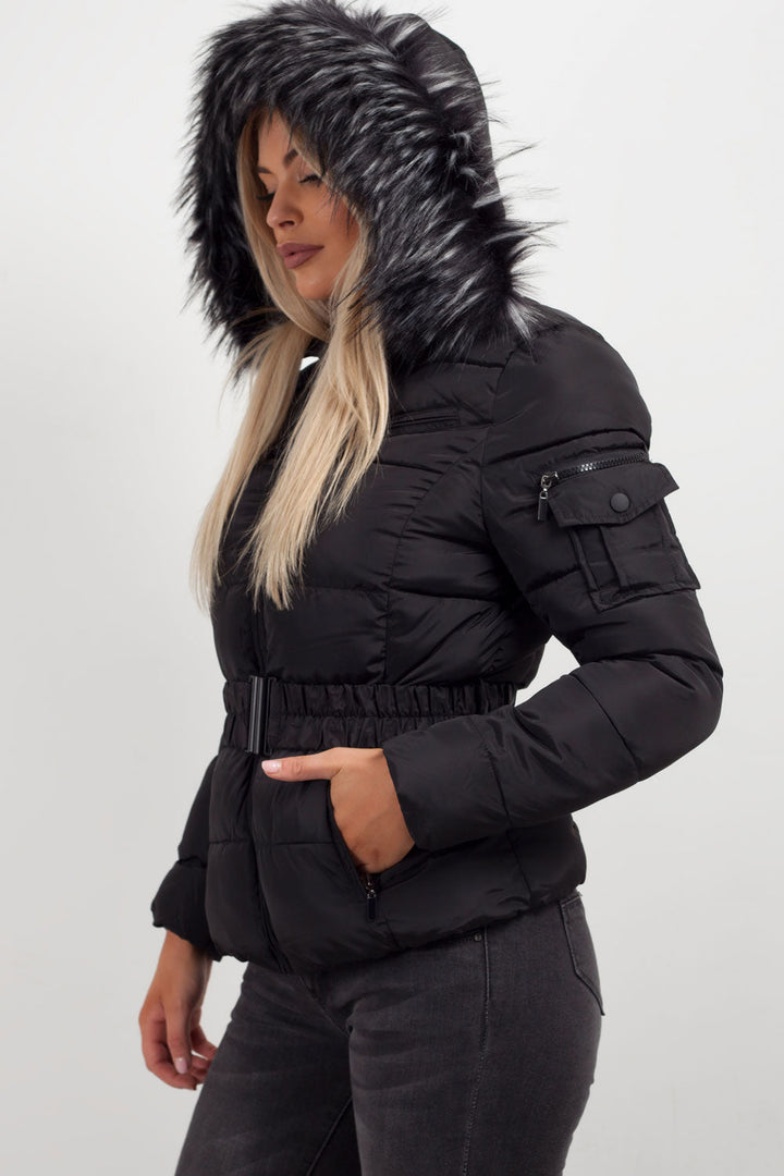 Faux Fur Hooded Belted Puffer Coat