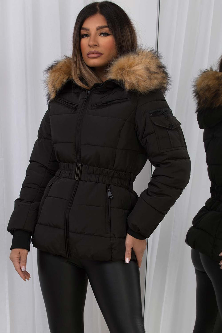 Belted Puffer Jacket with Faux Fur Hood