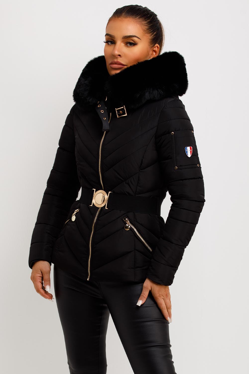 Belted Puffer Jacket with Faux Fur Hood in Black