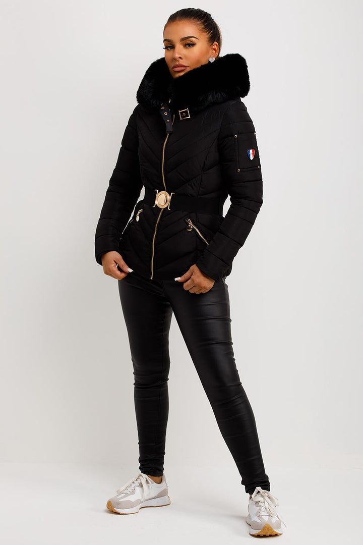 Belted Puffer Jacket with Faux Fur Hood in Black