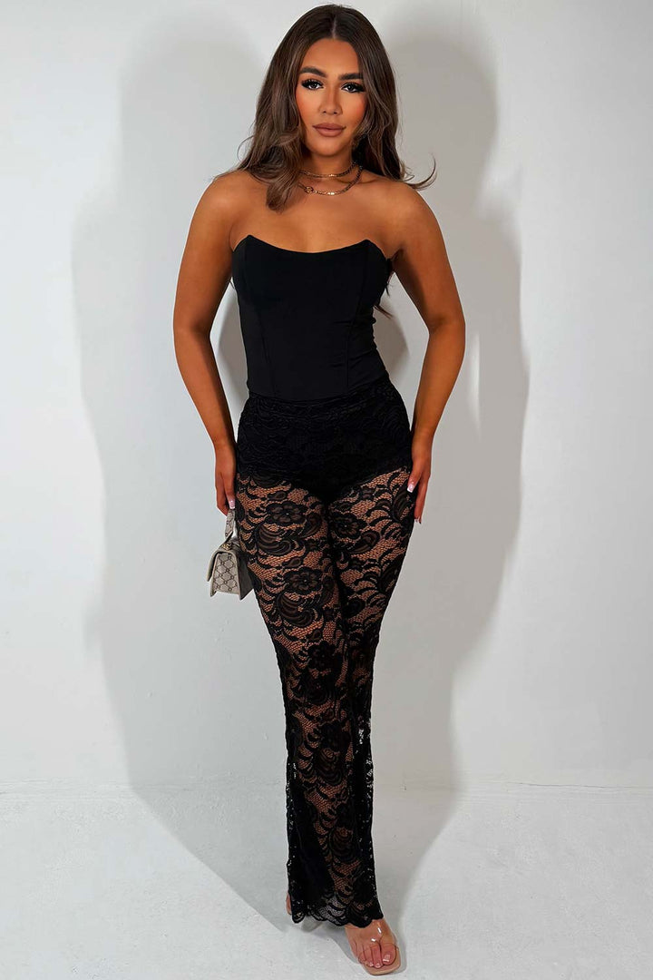 Black Lace Flared Leg Trousers
