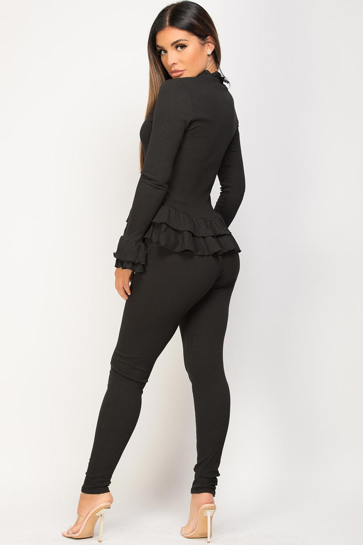 Frill Detail Button Front Loungewear Set in Black