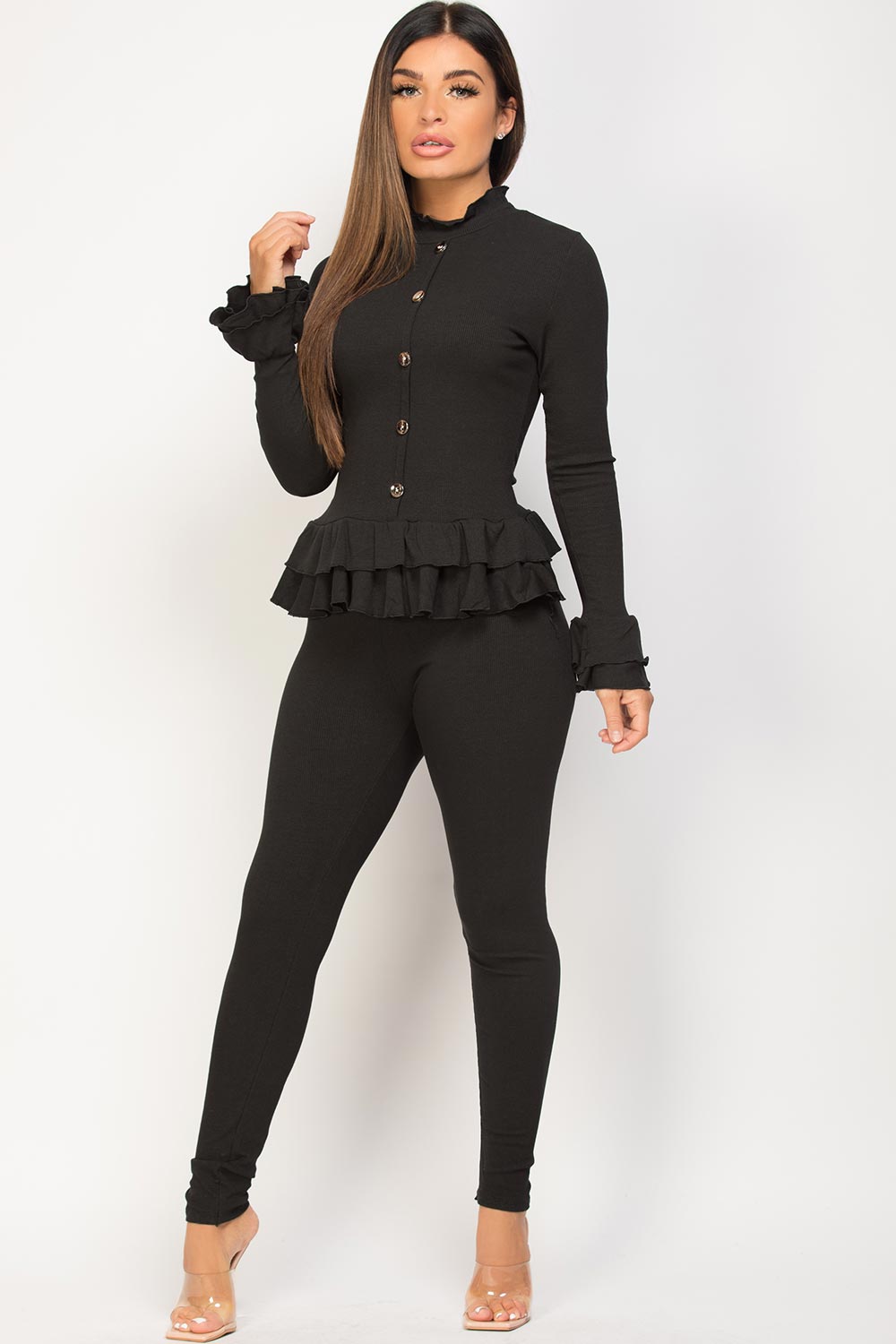 Frill Detail Button Front Loungewear Set in Black