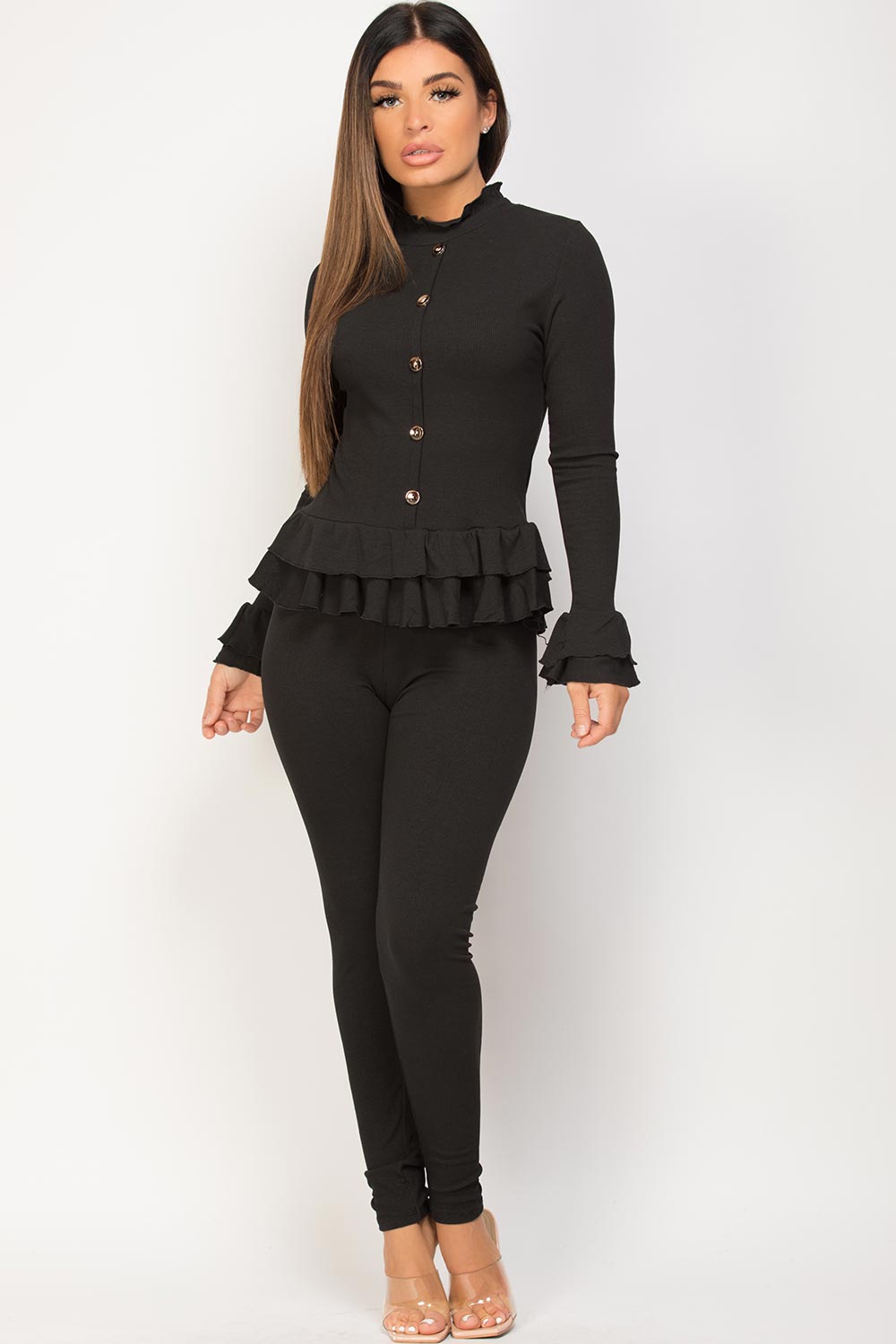 Frill Detail Button Front Loungewear Set in Black