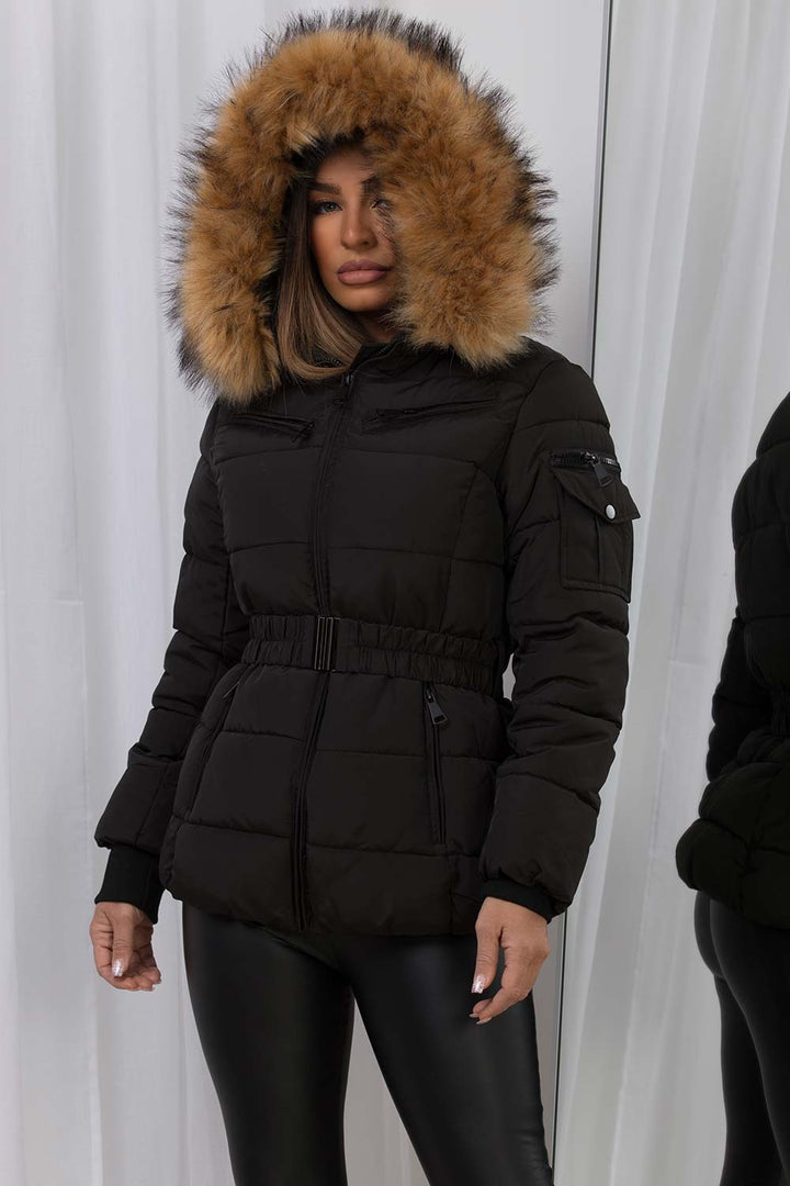 Belted Puffer Jacket with Faux Fur Hood