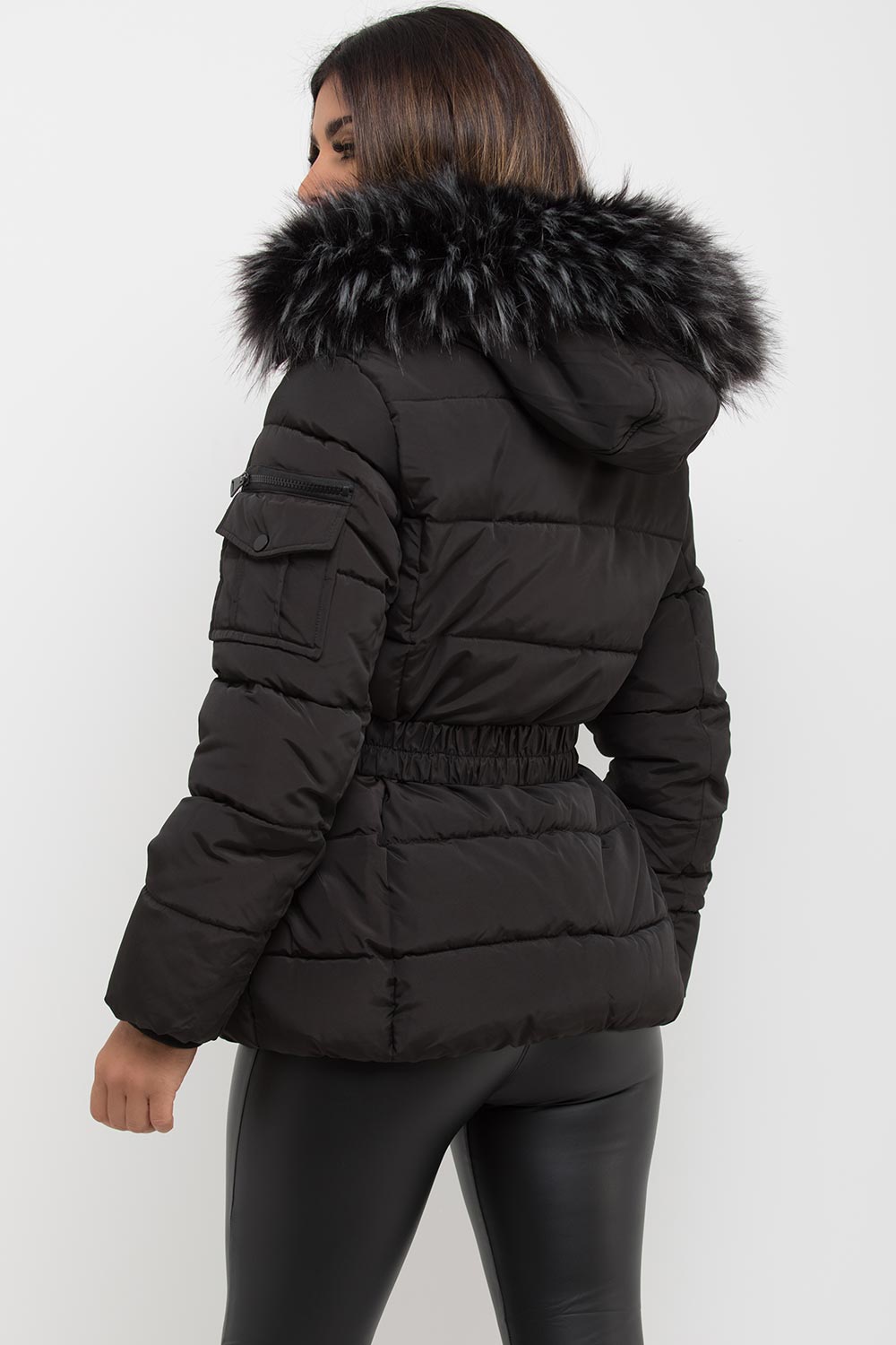 Faux Fur Hooded Belted Puffer Coat