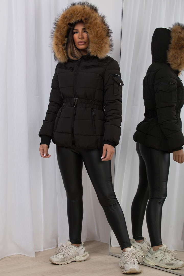 Belted Puffer Jacket with Faux Fur Hood
