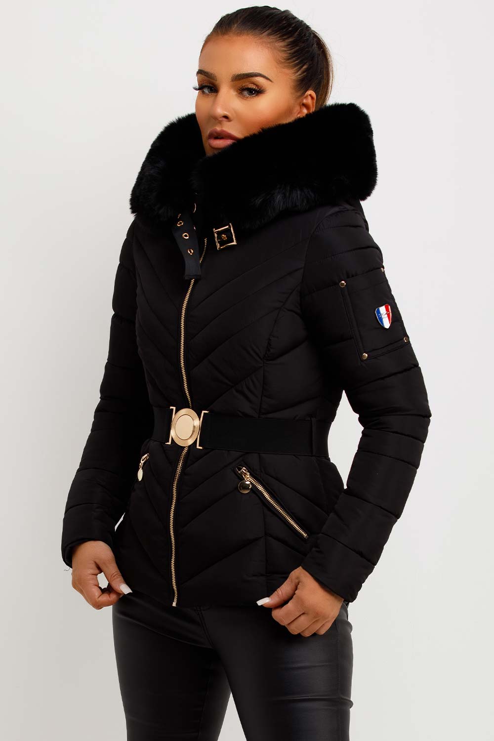 Belted Puffer Jacket with Faux Fur Hood in Black