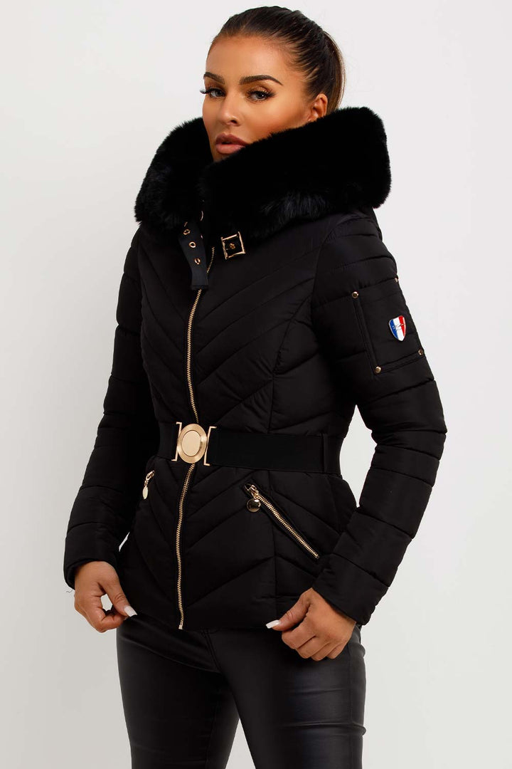Belted Puffer Jacket with Faux Fur Hood in Black
