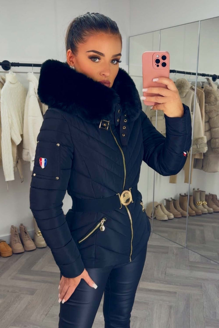 Belted Puffer Jacket with Faux Fur Hood in Black