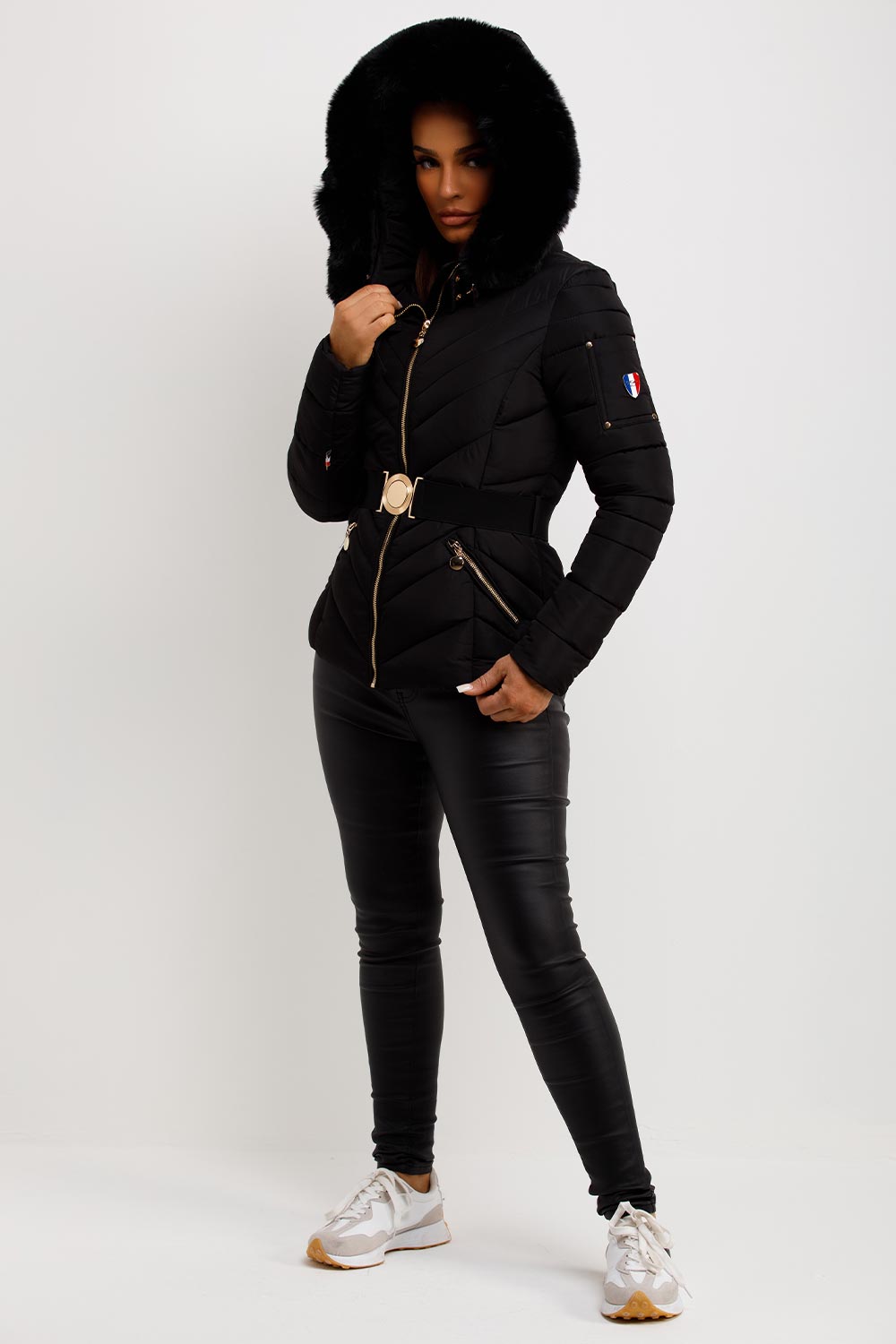 Belted Puffer Jacket with Faux Fur Hood in Black