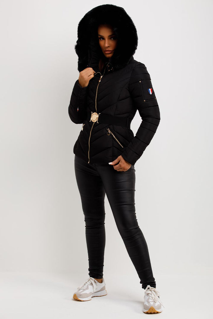 Belted Puffer Jacket with Faux Fur Hood in Black