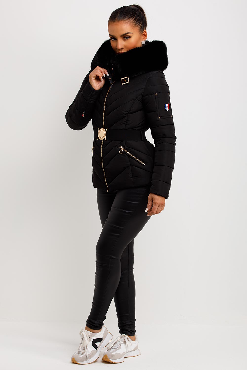 Belted Puffer Jacket with Faux Fur Hood in Black