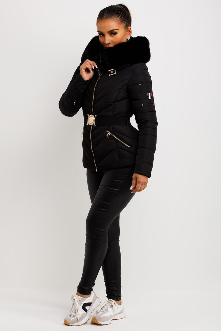 Belted Puffer Jacket with Faux Fur Hood in Black