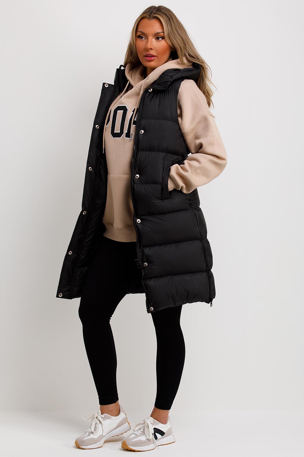 Longline Padded Hooded Gilet in Black