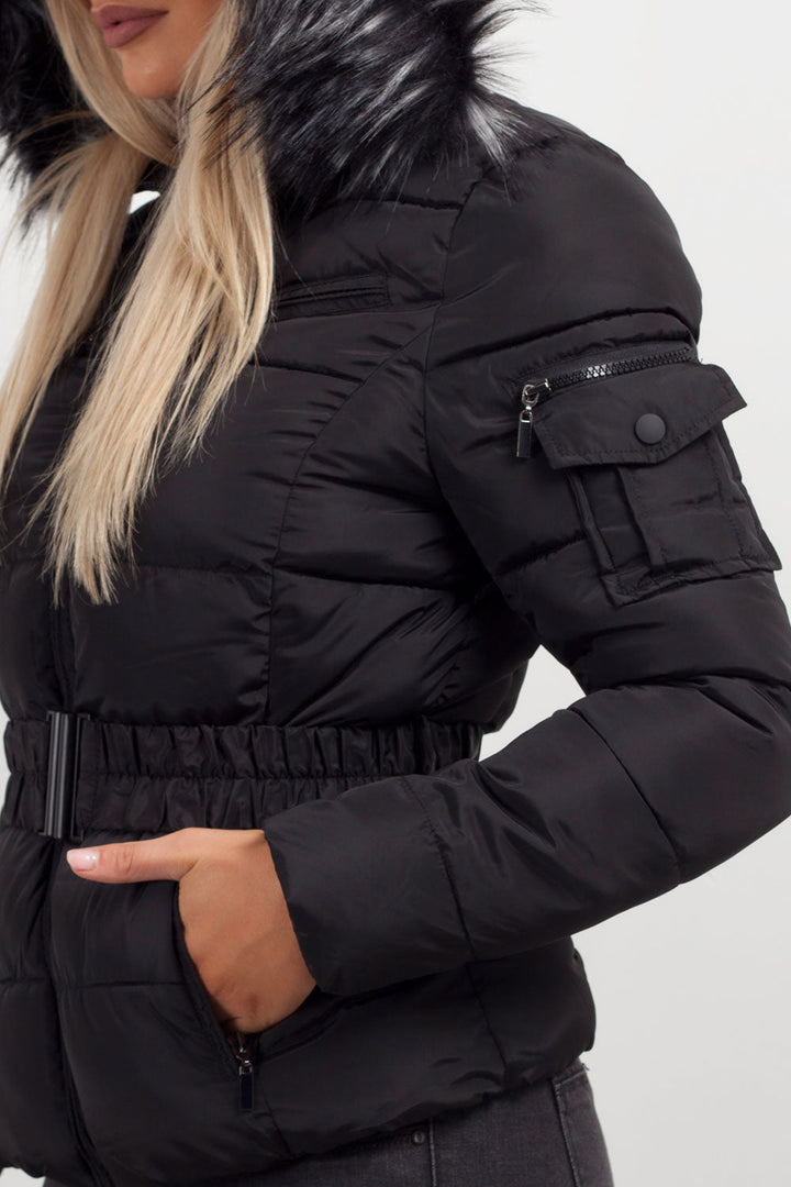 Faux Fur Hooded Belted Puffer Coat