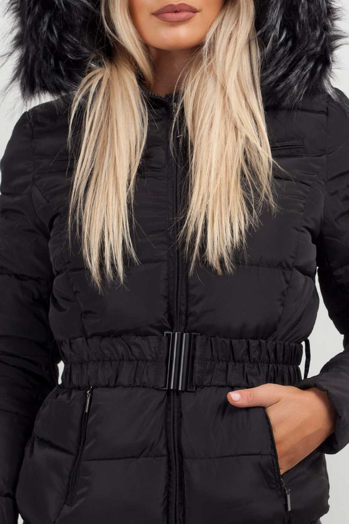 Faux Fur Hooded Belted Puffer Coat