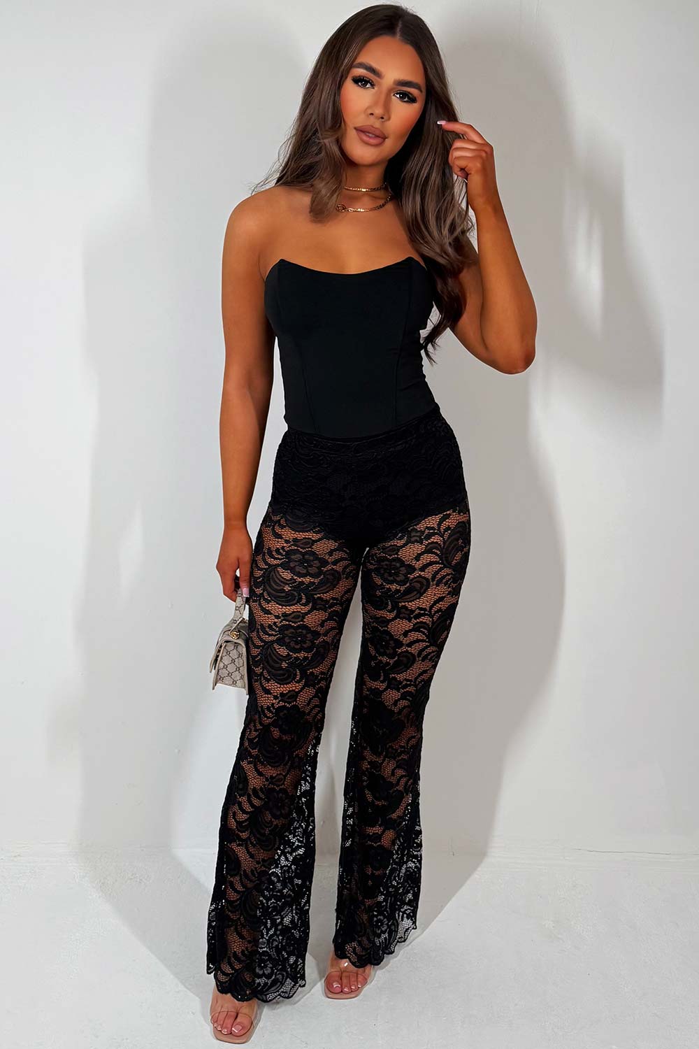 Black Lace Flared Leg Trousers