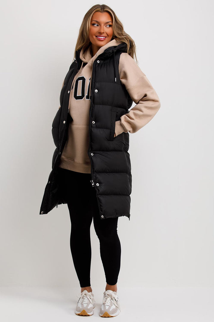 Longline Padded Hooded Gilet in Black