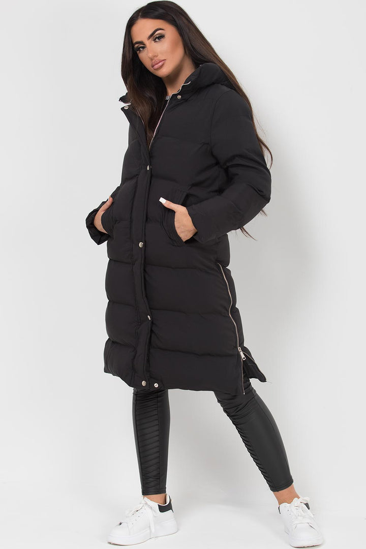 Longline Puffer Coat with Side Zip in Black