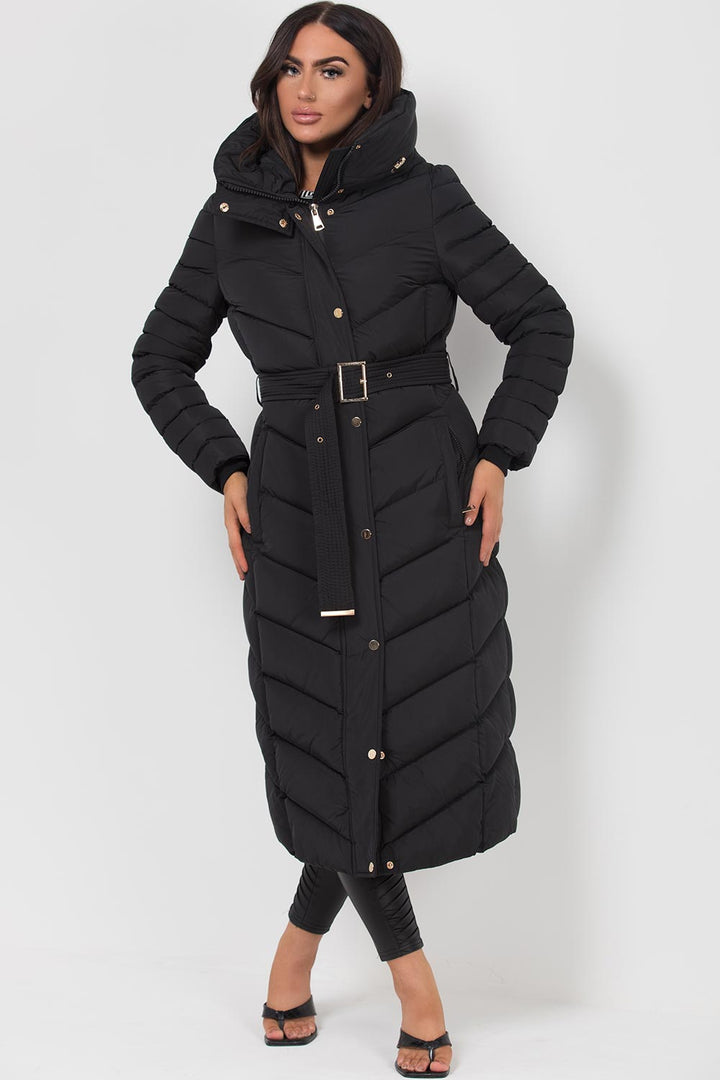 Longline Quilted Belted Puffer Coat in Black