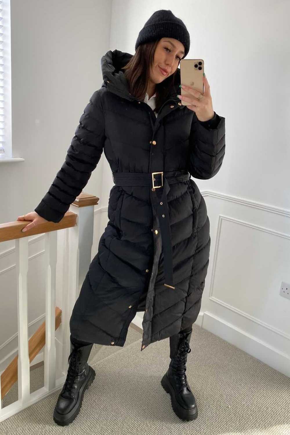 Longline Quilted Belted Puffer Coat in Black