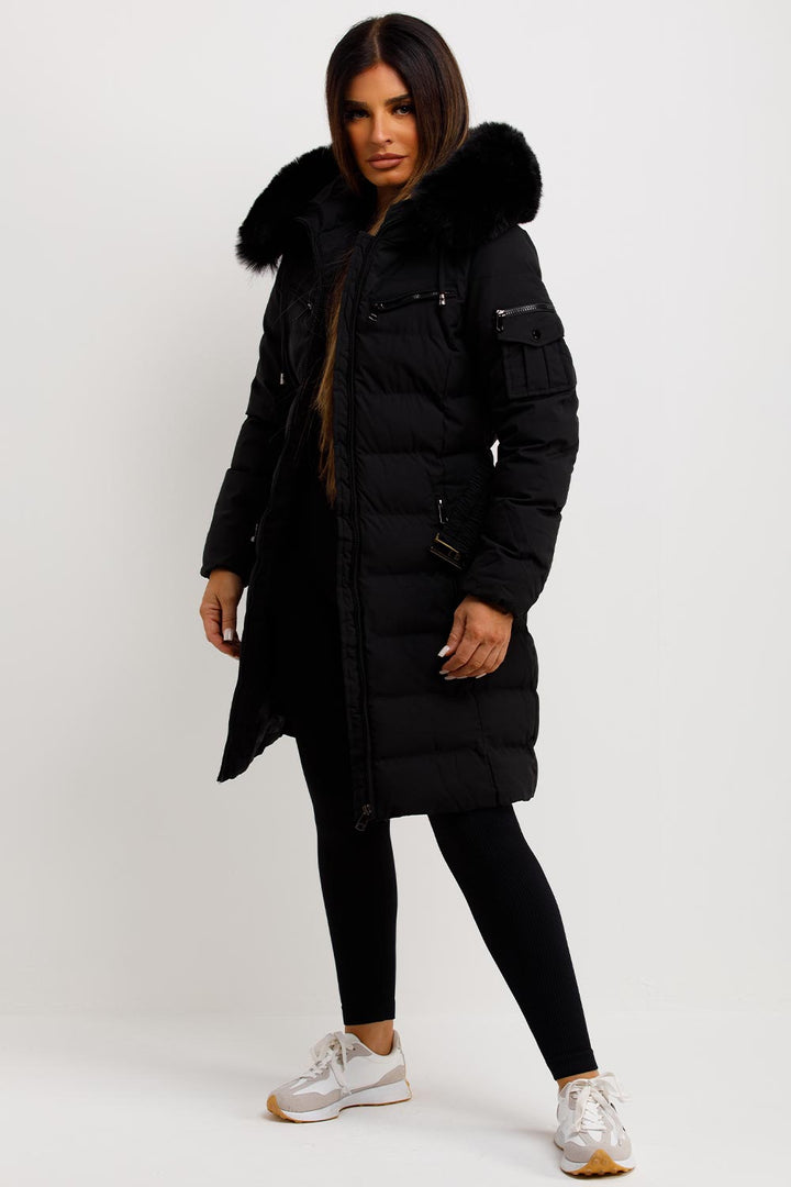 Longline Belted Puffer Coat with Faux Fur Hood
