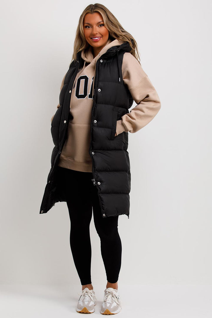 Longline Padded Hooded Gilet in Black