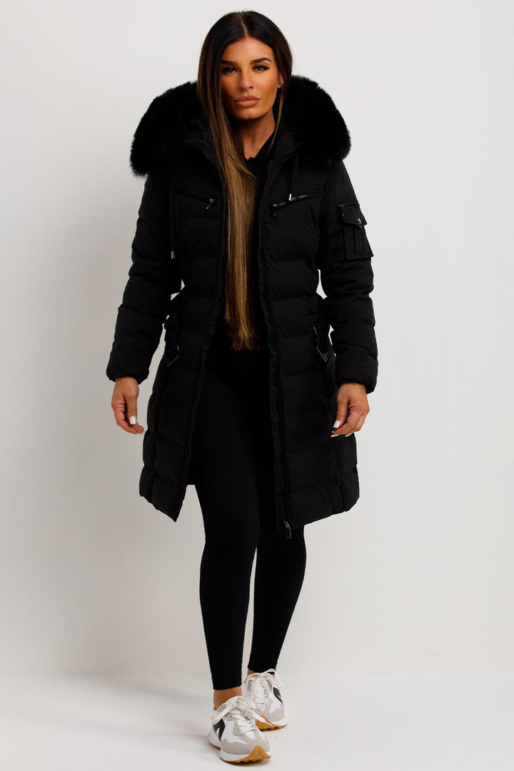 Longline Belted Puffer Coat with Faux Fur Hood