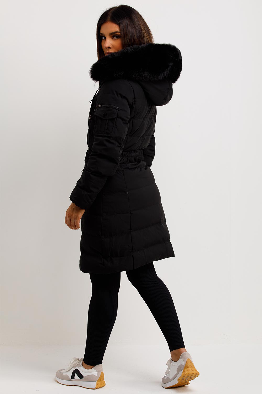 Longline Belted Puffer Coat with Faux Fur Hood
