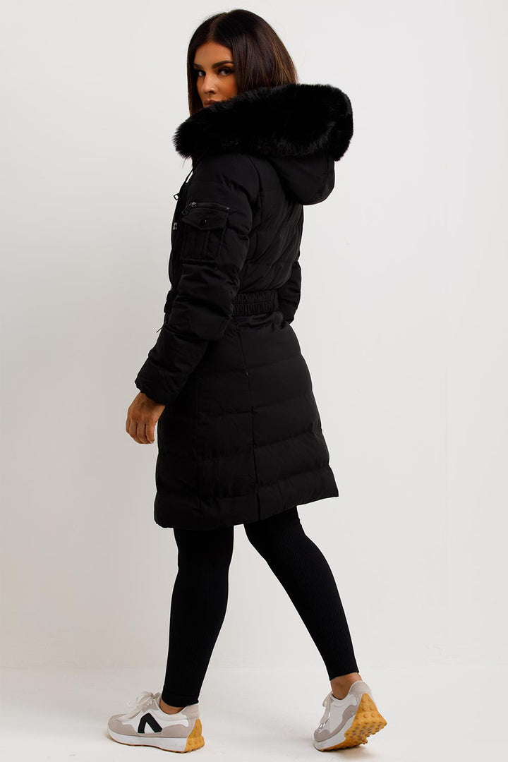 Longline Belted Puffer Coat with Faux Fur Hood
