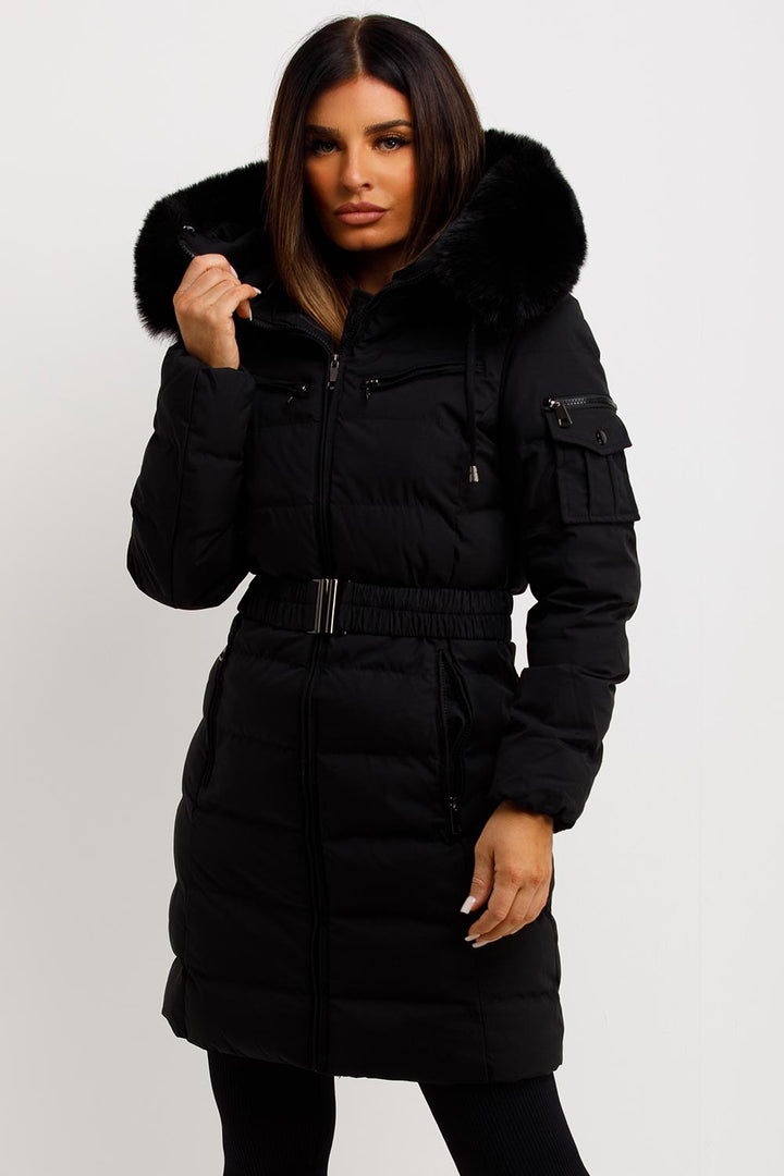 Longline Belted Puffer Coat with Faux Fur Hood