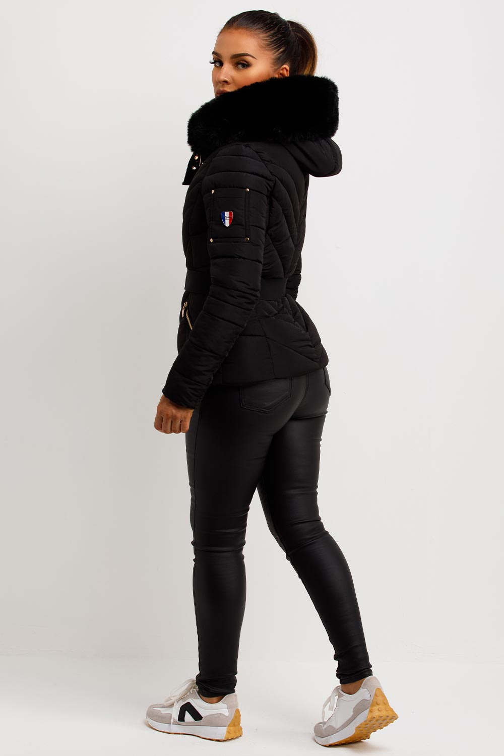 Belted Puffer Jacket with Faux Fur Hood in Black