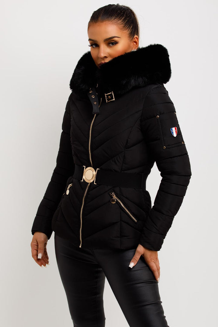 Belted Puffer Jacket with Faux Fur Hood in Black
